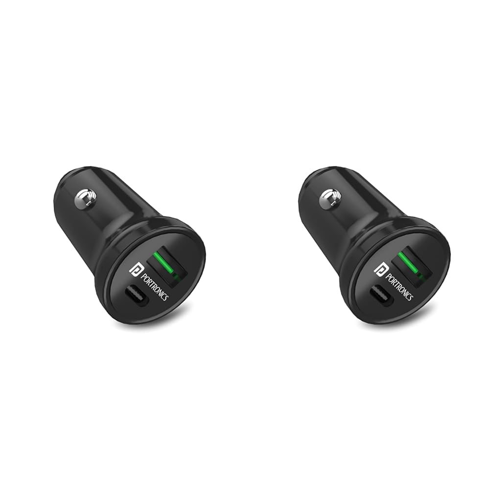 Portronics CarPower Mini Car Charger with Dual Output, Fast Charging (Type C PD 18W + Mach USB-A) Compatible with All Smartphones(Black) (Pack of 2)