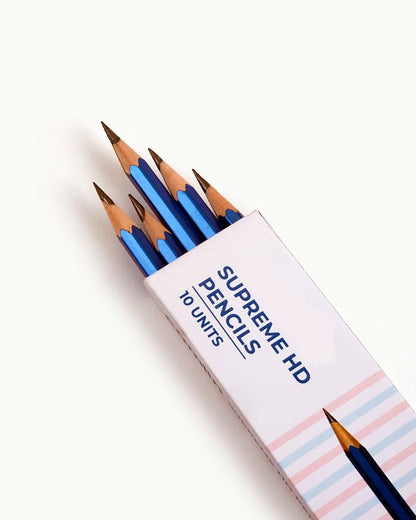 Supreme HD Pencils Super Dark Pencil Box of 10 Pencils with Eraser and Long Point Sharpener for School & Office