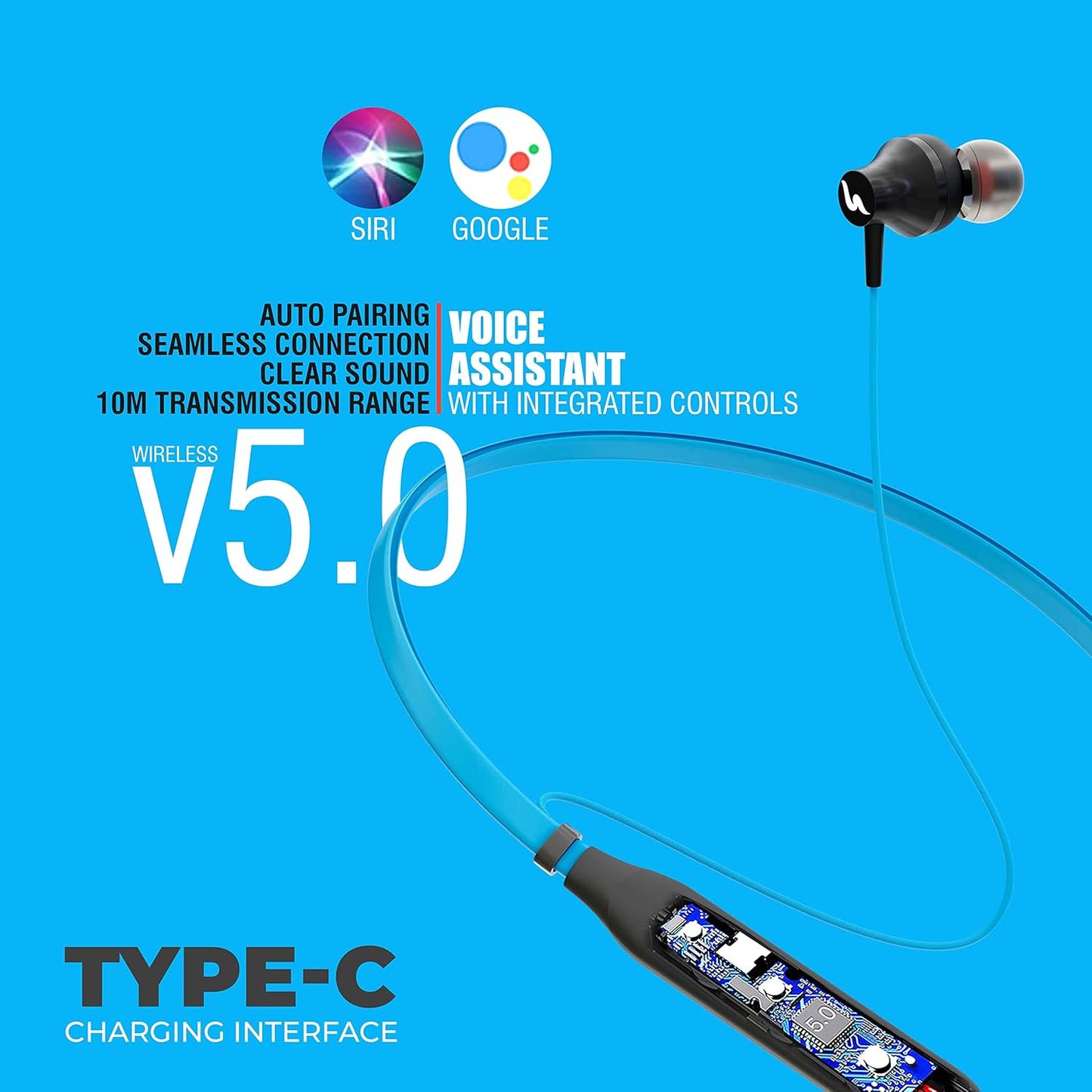 UBON BT-5250 Bluetooth Earphone with Mic, Bass Factory 2.0, in-Ear Wireless Neckband with Upto 16 Hours Playtime, Magnetic Earbuds, Fast Charging, v5.0 Bluetooth Headset (Blue)