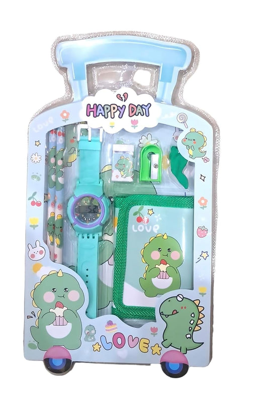 Happy Day Theme Geometry Kit Combo of 2 Pencil, Sharpner, Eraser, Watch & Mini Wallet | Stationery Case for Kids | School Stationery Items for Kids Return Gifts