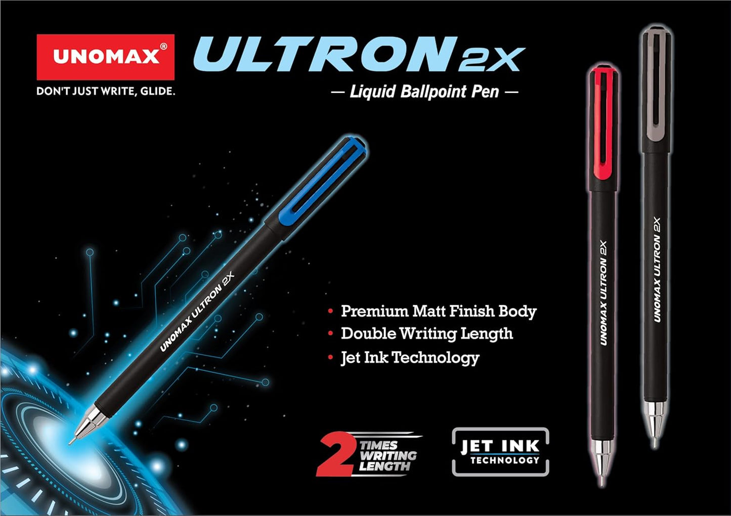 UNOMAX Ultron 2X Ball Pen - Set of 10 (Jet Blue/ Black) | Unleash the Art of Writing with Elegance | Matt Finish Body | 0.7mm Tip Size for Superior Precision | Jet Ink Technology for Effortless