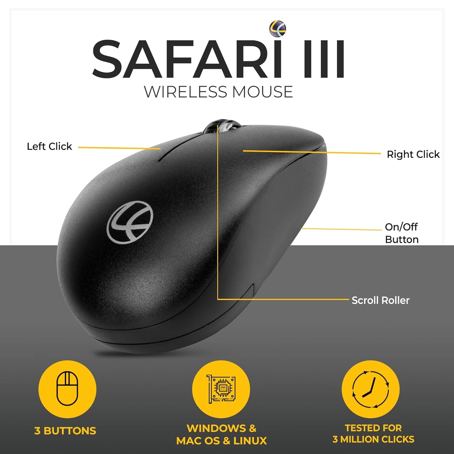 LAPCARE Safari III B Wireless Mouse-2.4GHz High Precision with Upto 1600 DPI, Nano Receiver and Plug & Play Usage -USB/Black-with 3 Year Warranty