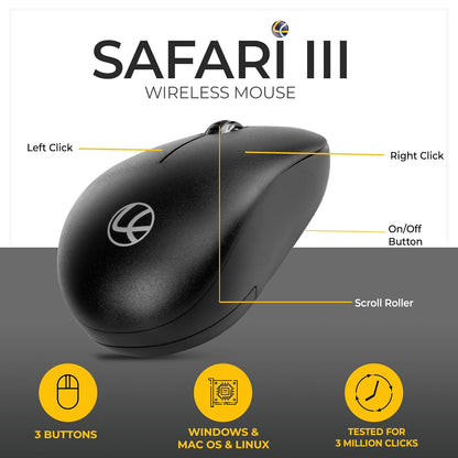 LAPCARE Safari III B Wireless Mouse-2.4GHz High Precision with Upto 1600 DPI, Nano Receiver and Plug & Play Usage -USB/Black-with 3 Year Warranty