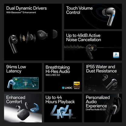 OnePlus Buds 3 in Ear TWS Bluetooth Earbuds with Upto 49dB Smart Adaptive Noise Cancellation,Hi-Res Sound Quality,Sliding Volume Control,10mins for 7Hours Fast Charging with Upto 44Hrs Playback(Gray)(Refurbished)