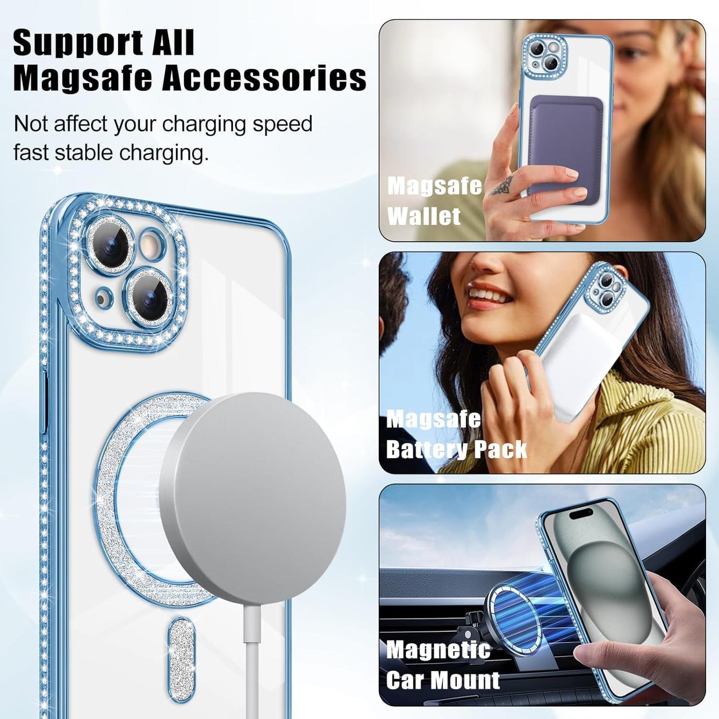 Case Compatible with iPhone Cute Soft Clear Rhinestone Diamond Glitter Cover Women & Girls Compatible with MagSaf Camera Lens Protection