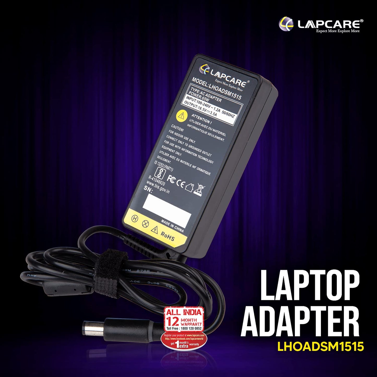 Enter BIS Certified 65W, 18.5V/3.5A, 3 Pin High-Efficiency AC Laptop Charger/Adapter for HP Laptops (Without Power Cord)